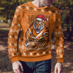Personalized Wests Tigers Christmas Ugly Christmas Sweater Australian Rugby Fans - Pixelated Ugly Xmas Pattern Mascot Santa
