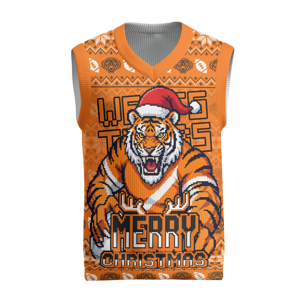 Personalized Wests Tigers Christmas Knitted V-Neck Vest Australian Rugby Fans - Pixelated Ugly Xmas Pattern Mascot Santa