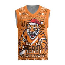 Personalized Wests Tigers Christmas Knitted V-Neck Vest Australian Rugby Fans - Pixelated Ugly Xmas Pattern Mascot Santa