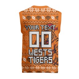 Personalized Wests Tigers Christmas Knitted V-Neck Vest Australian Rugby Fans - Pixelated Ugly Xmas Pattern Mascot Santa
