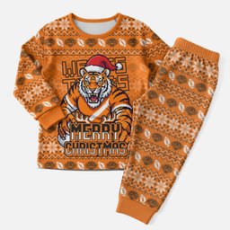 Personalized Wests Tigers Christmas Pajama Set Australian Rugby Fans - Pixelated Ugly Xmas Pattern Mascot Santa