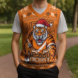Personalized Wests Tigers Christmas Knitted V-Neck Vest Australian Rugby Fans - Pixelated Ugly Xmas Pattern Mascot Santa