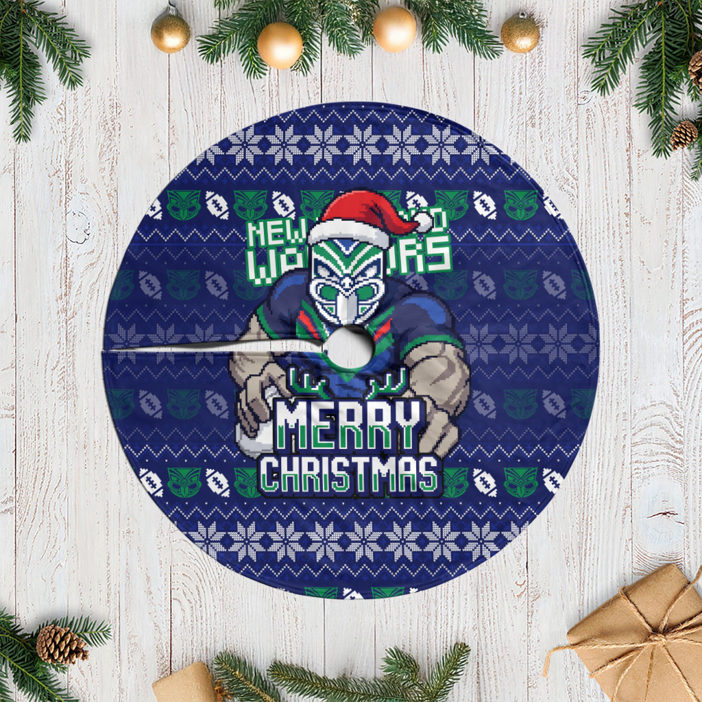 New Zealand Warriors Christmas Tree Skirt Maori Rugby Fans - Pixelated Ugly Xmas Pattern Mascot Santa