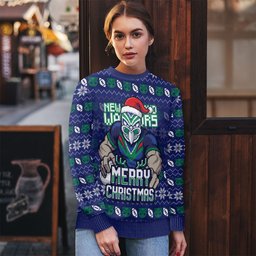 Personalized New Zealand Warriors Christmas Ugly Christmas Sweater Maori Rugby Fans - Pixelated Ugly Xmas Pattern Mascot Santa