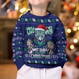 Personalized New Zealand Warriors Christmas Kid Ugly Christmas Sweater Maori Rugby Fans - Pixelated Ugly Xmas Pattern Mascot Santa