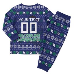 Personalized New Zealand Warriors Christmas Pajama Set Maori Rugby Fans - Pixelated Ugly Xmas Pattern Mascot Santa