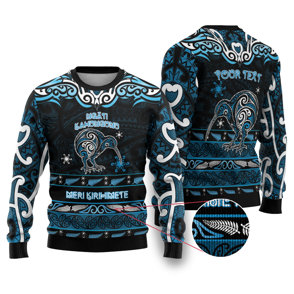 Personalised Ngati Kahungunu Aotearoa Meri Kirihimete Ugly Christmas Sweater Maori Kiwi Bird Silver Fern Koru Pattern