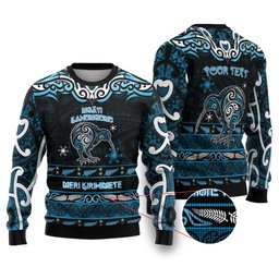 Personalised Ngati Kahungunu Aotearoa Meri Kirihimete Ugly Christmas Sweater Maori Kiwi Bird Silver Fern Koru Pattern