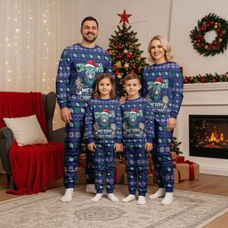 Personalized New Zealand Warriors Christmas Pajama Set Maori Rugby Fans - Pixelated Ugly Xmas Pattern Mascot Santa