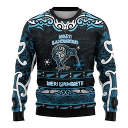 Personalised Ngati Kahungunu Aotearoa Meri Kirihimete Ugly Christmas Sweater Maori Kiwi Bird Silver Fern Koru Pattern