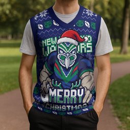 Personalized New Zealand Warriors Christmas Knitted V-Neck Vest Maori Rugby Fans - Pixelated Ugly Xmas Pattern Mascot Santa