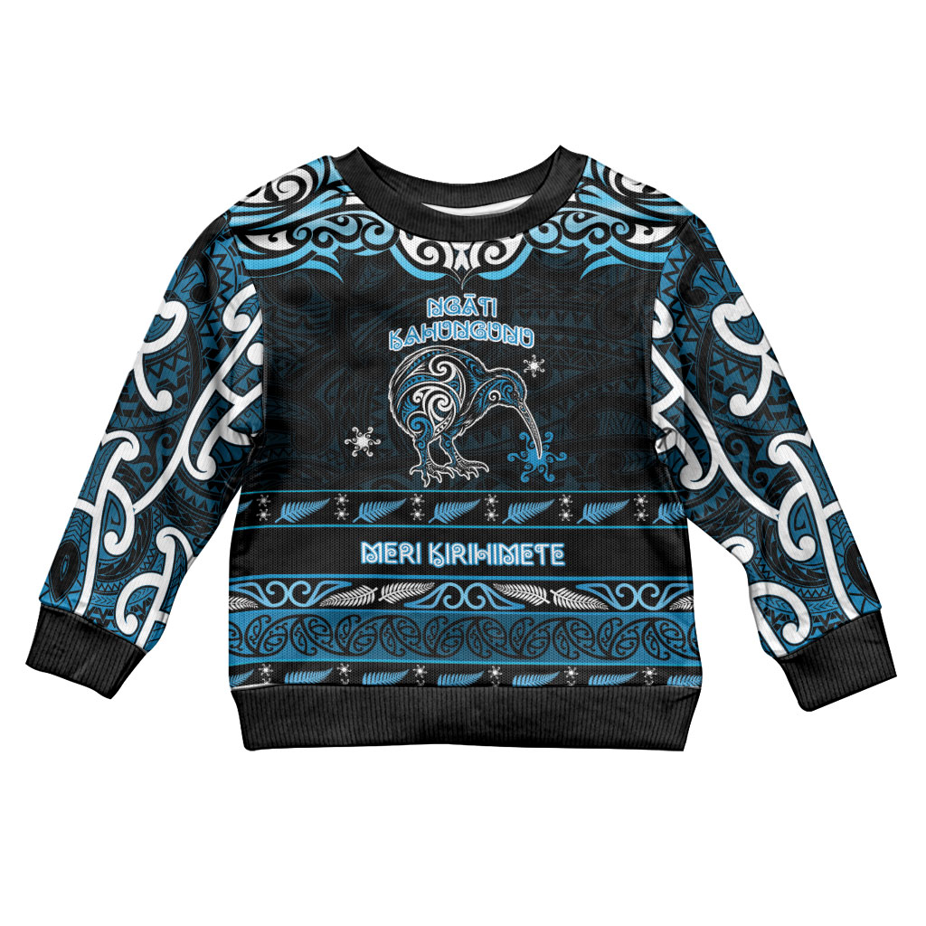 Personalised Ngati Kahungunu Aotearoa Meri Kirihimete Kid Ugly Christmas Sweater Maori Kiwi Bird Silver Fern Koru Pattern