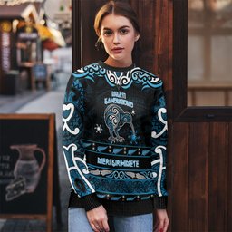 Personalised Ngati Kahungunu Aotearoa Meri Kirihimete Ugly Christmas Sweater Maori Kiwi Bird Silver Fern Koru Pattern