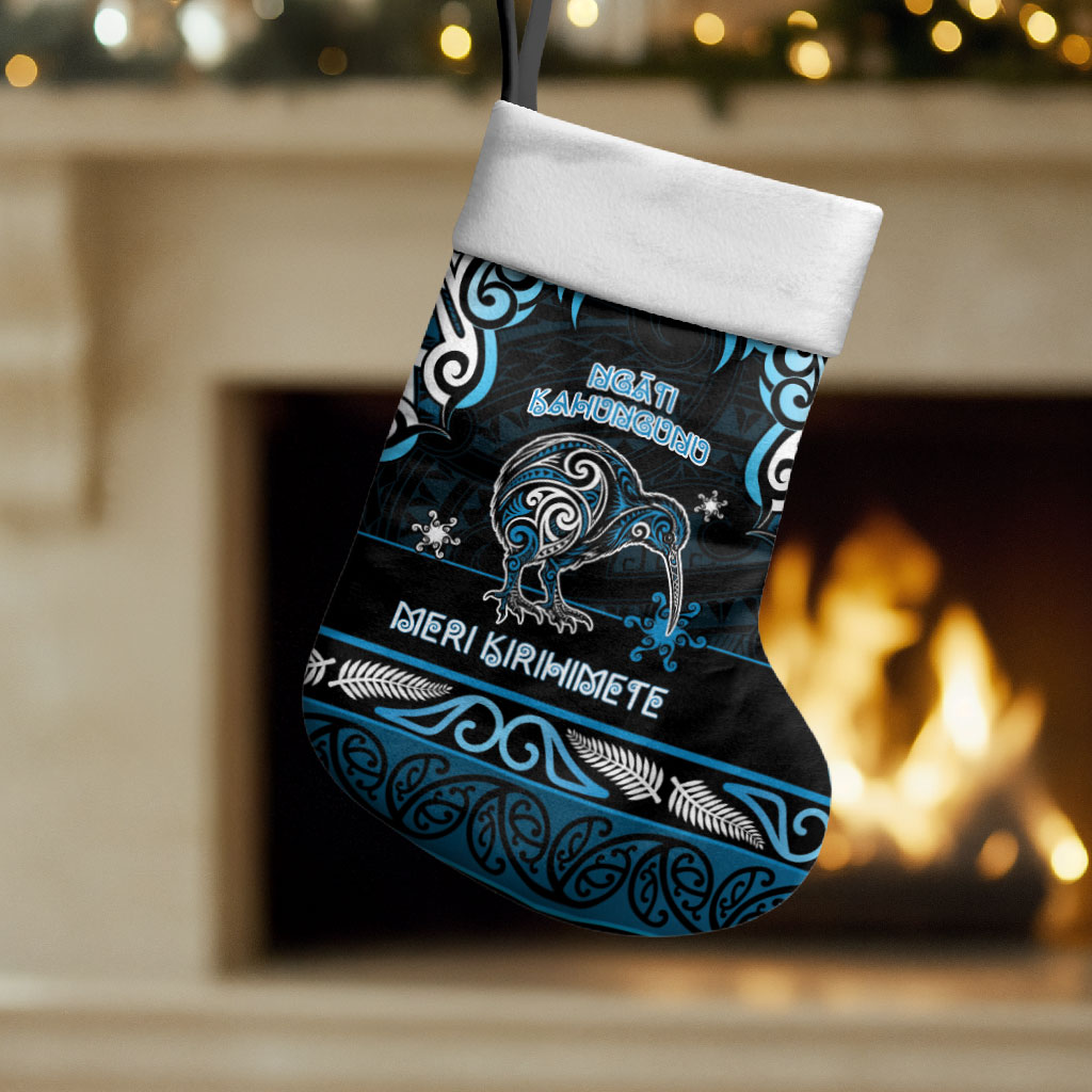 Personalised Ngati Kahungunu Aotearoa Meri Kirihimete Christmas Stocking Maori Kiwi Bird Silver Fern Koru Pattern