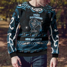 Personalised Ngati Kahungunu Aotearoa Meri Kirihimete Ugly Christmas Sweater Maori Kiwi Bird Silver Fern Koru Pattern
