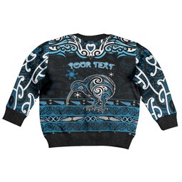 Personalised Ngati Kahungunu Aotearoa Meri Kirihimete Kid Ugly Christmas Sweater Maori Kiwi Bird Silver Fern Koru Pattern