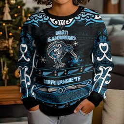 Personalised Ngati Kahungunu Aotearoa Meri Kirihimete Kid Ugly Christmas Sweater Maori Kiwi Bird Silver Fern Koru Pattern