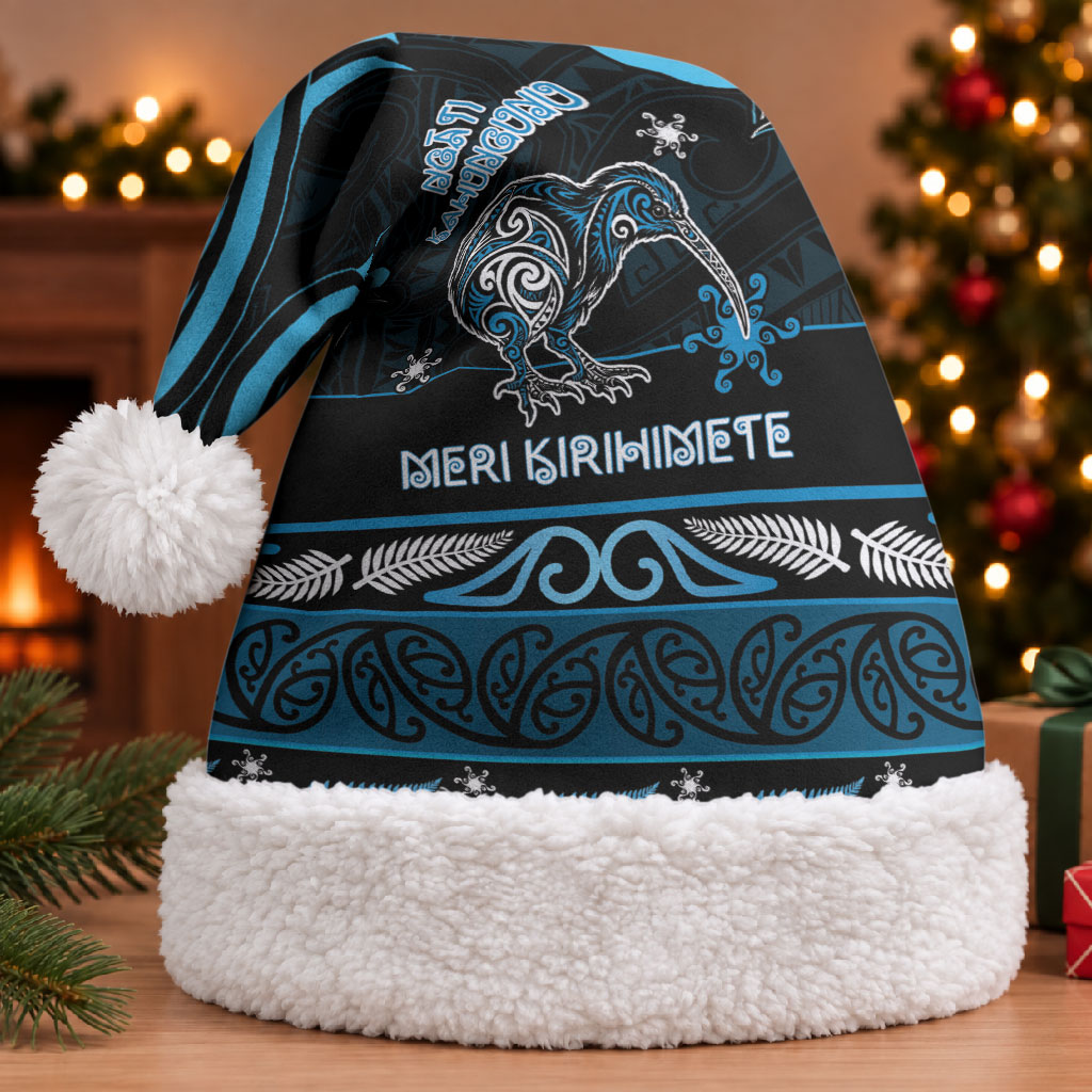 Personalised Ngati Kahungunu Aotearoa Meri Kirihimete Christmas Santa Hat Maori Kiwi Bird Silver Fern Koru Pattern