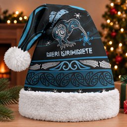 Personalised Ngati Kahungunu Aotearoa Meri Kirihimete Christmas Santa Hat Maori Kiwi Bird Silver Fern Koru Pattern