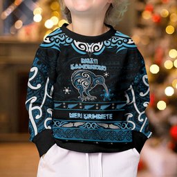 Personalised Ngati Kahungunu Aotearoa Meri Kirihimete Kid Ugly Christmas Sweater Maori Kiwi Bird Silver Fern Koru Pattern