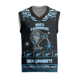 Personalised Ngati Kahungunu Aotearoa Meri Kirihimete Christmas Knitted V-Neck Vest Maori Kiwi Bird Silver Fern Koru Pattern