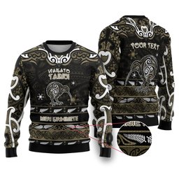 Personalised Waikato Tainui Aotearoa Meri Kirihimete Ugly Christmas Sweater Maori Kiwi Bird Silver Fern Koru Pattern