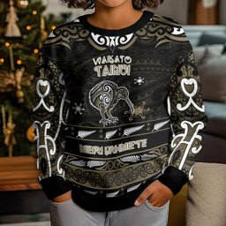 Personalised Waikato Tainui Aotearoa Meri Kirihimete Kid Ugly Christmas Sweater Maori Kiwi Bird Silver Fern Koru Pattern