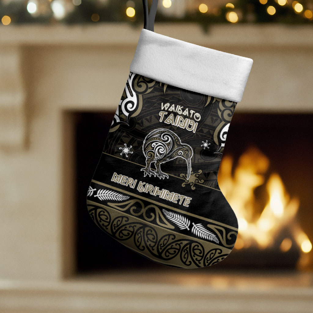 Personalised Waikato Tainui Aotearoa Meri Kirihimete Christmas Stocking Maori Kiwi Bird Silver Fern Koru Pattern