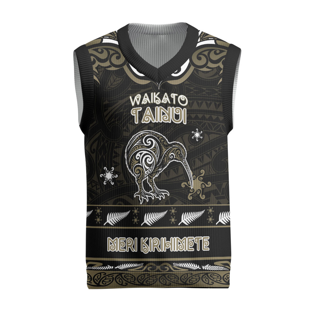 Personalised Waikato Tainui Aotearoa Meri Kirihimete Christmas Knitted V-Neck Vest Maori Kiwi Bird Silver Fern Koru Pattern