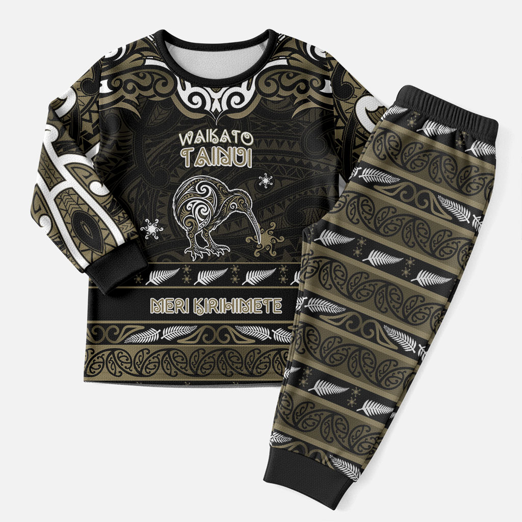Personalised Waikato Tainui Aotearoa Meri Kirihimete Christmas Pajama Set Maori Kiwi Bird Silver Fern Koru Pattern