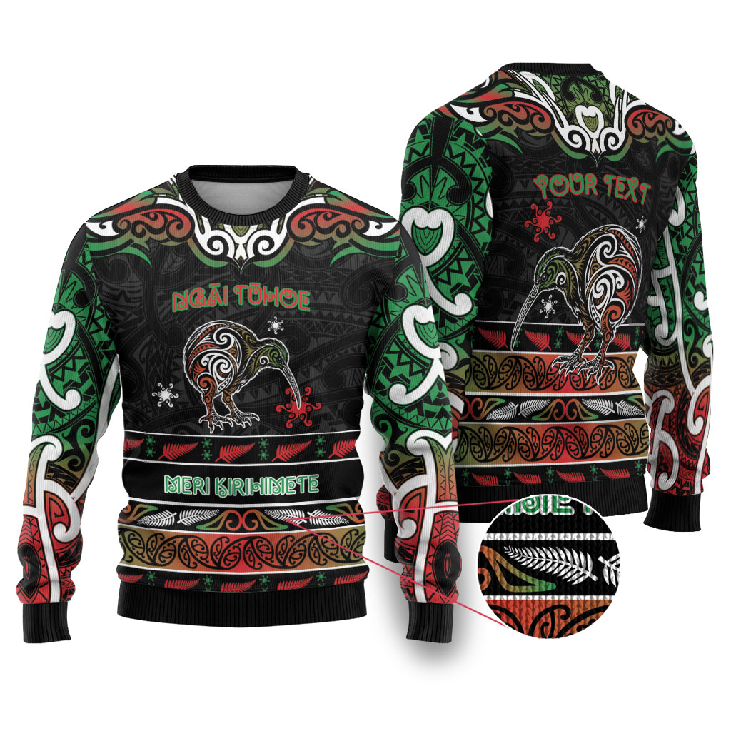 Personalised Ngai Tuhoe Aotearoa Meri Kirihimete Ugly Christmas Sweater Maori Kiwi Bird Silver Fern Koru Pattern