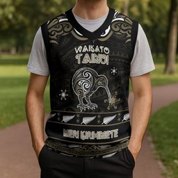 Personalised Waikato Tainui Aotearoa Meri Kirihimete Christmas Knitted V-Neck Vest Maori Kiwi Bird Silver Fern Koru Pattern