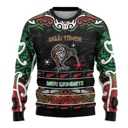 Personalised Ngai Tuhoe Aotearoa Meri Kirihimete Ugly Christmas Sweater Maori Kiwi Bird Silver Fern Koru Pattern