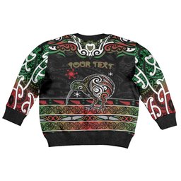 Personalised Ngai Tuhoe Aotearoa Meri Kirihimete Kid Ugly Christmas Sweater Maori Kiwi Bird Silver Fern Koru Pattern