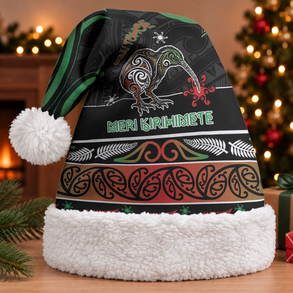 Personalised Ngai Tuhoe Aotearoa Meri Kirihimete Christmas Santa Hat Maori Kiwi Bird Silver Fern Koru Pattern