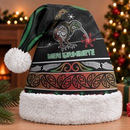 Personalised Ngai Tuhoe Aotearoa Meri Kirihimete Christmas Santa Hat Maori Kiwi Bird Silver Fern Koru Pattern