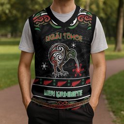 Personalised Ngai Tuhoe Aotearoa Meri Kirihimete Christmas Knitted V-Neck Vest Maori Kiwi Bird Silver Fern Koru Pattern