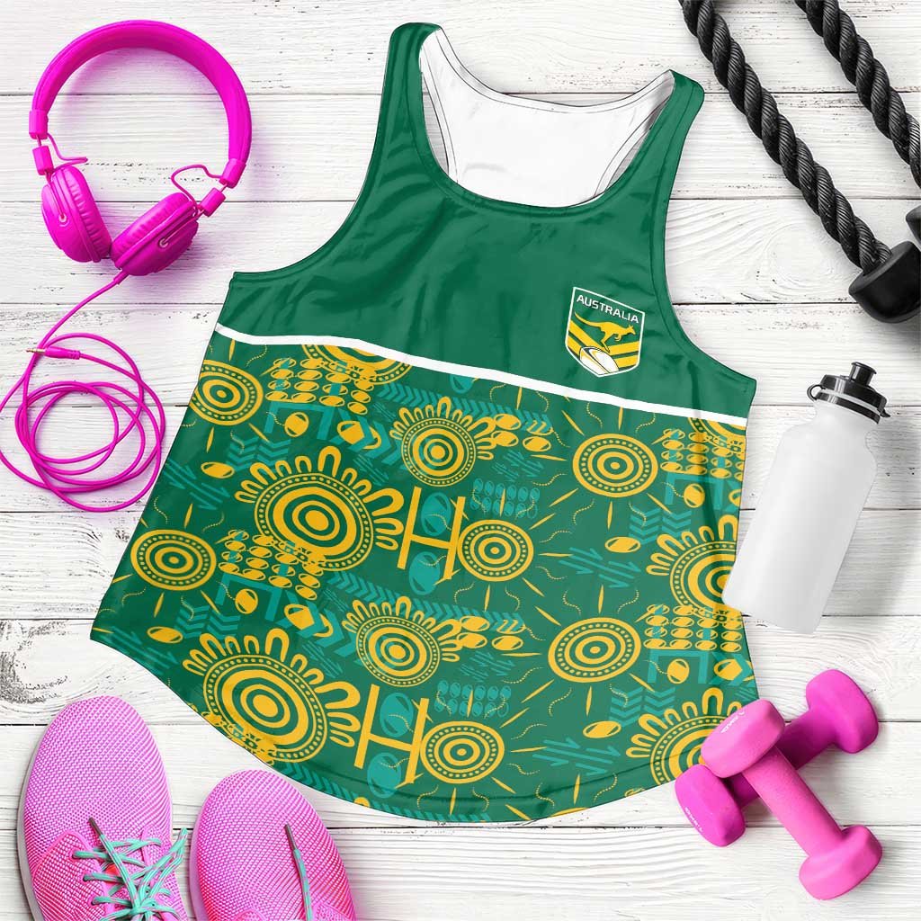Australia Rugby Kangaroo Women Racerback Tank Green Gold Aboriginal Dot Geometry