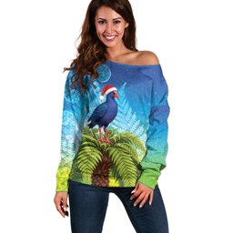 New Zealand Christmas Off Shoulder Sweater Pukeko With Ponga Tree Silver Fern