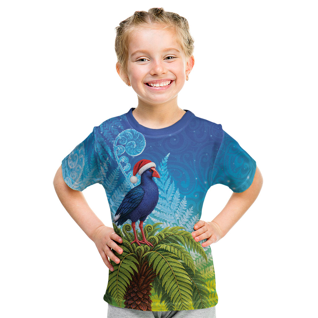 New Zealand Christmas Kid T Shirt Pukeko With Ponga Tree Silver Fern