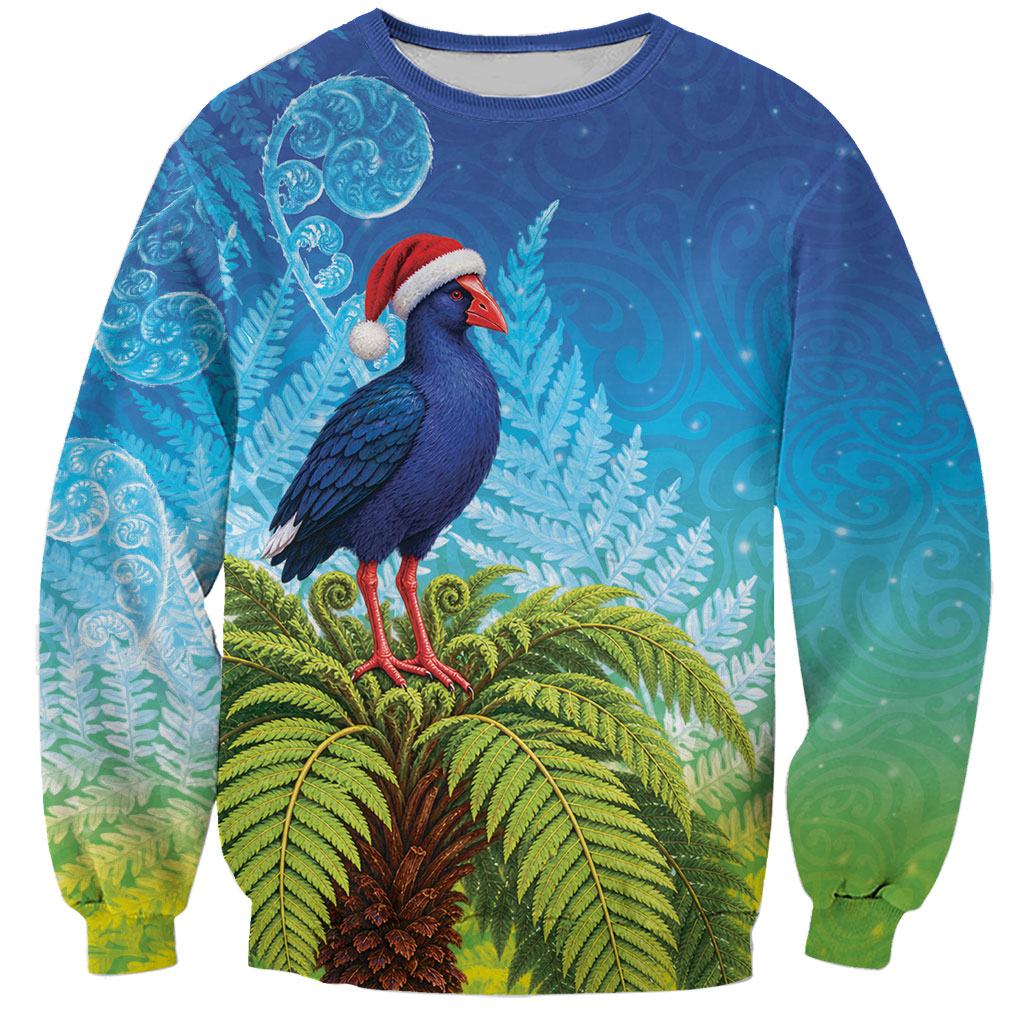 New Zealand Christmas Sweatshirt Pukeko With Ponga Tree Silver Fern