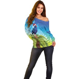 New Zealand Christmas Off Shoulder Sweater Pukeko With Ponga Tree Silver Fern