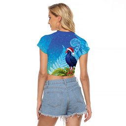 New Zealand Christmas Raglan Cropped T Shirt Pukeko With Ponga Tree Silver Fern