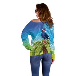 New Zealand Christmas Off Shoulder Sweater Pukeko With Ponga Tree Silver Fern