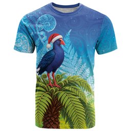 New Zealand Christmas T Shirt Pukeko With Ponga Tree Silver Fern