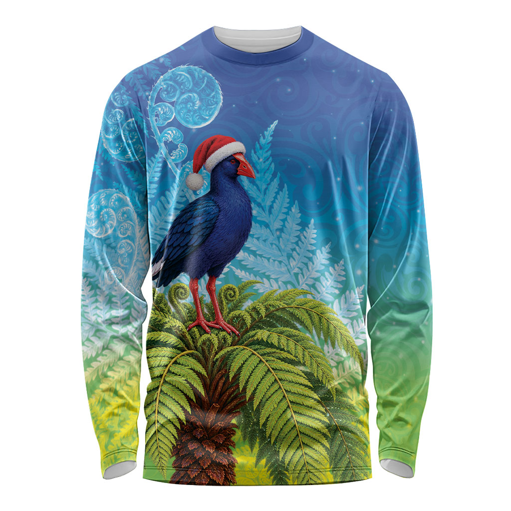 New Zealand Christmas Long Sleeve Shirt Pukeko With Ponga Tree Silver Fern