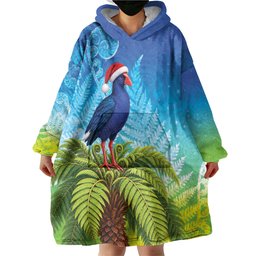 New Zealand Christmas Wearable Blanket Hoodie Pukeko With Ponga Tree Silver Fern