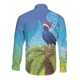 New Zealand Christmas Long Sleeve Button Shirt Pukeko With Ponga Tree Silver Fern