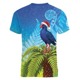 New Zealand Christmas Women V-Neck T-Shirt Pukeko With Ponga Tree Silver Fern