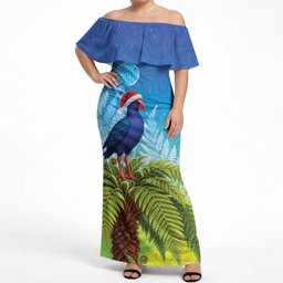 New Zealand Christmas Off Shoulder Maxi Dress Pukeko With Ponga Tree Silver Fern